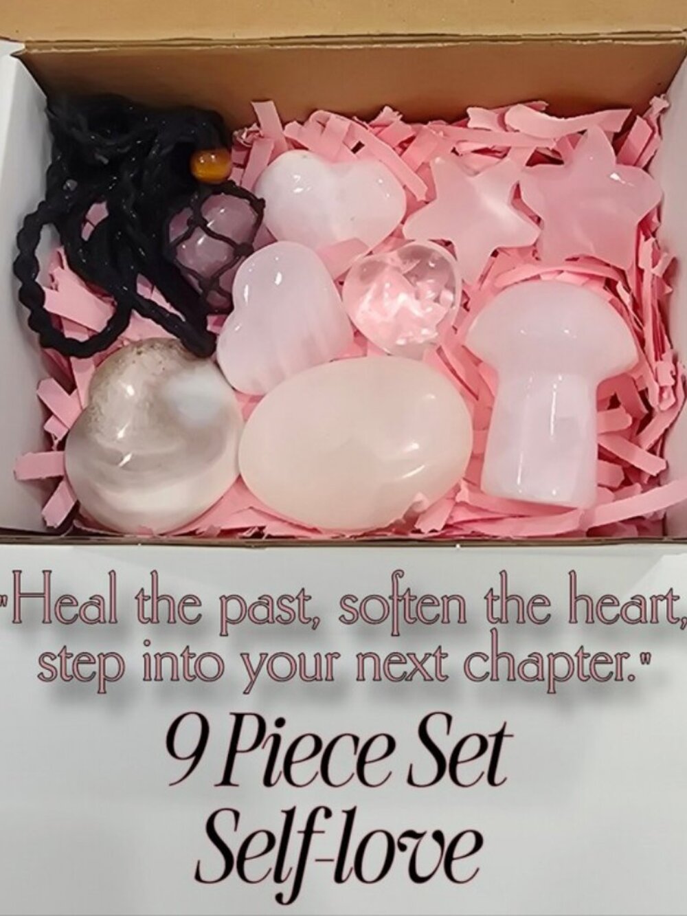 Artisan Mangano Calcite Crystal Healing Set Rose Quartz Necklace Selenite Stick